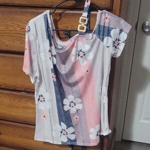 Floral Stripe Cold-Shoulder Top in Pink and White